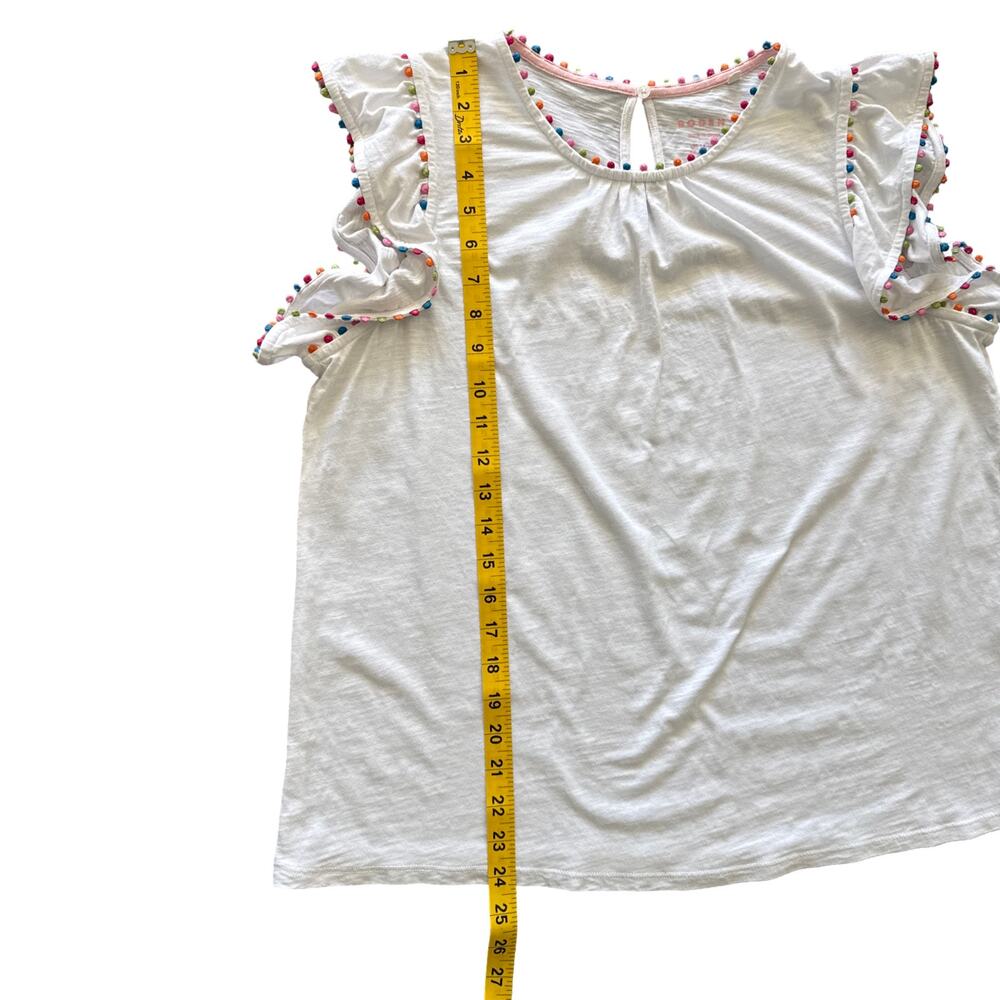Boden White Pom Trim Ruffle Sleeve Cotton Top Size US 10 - Picture 9 of 9
